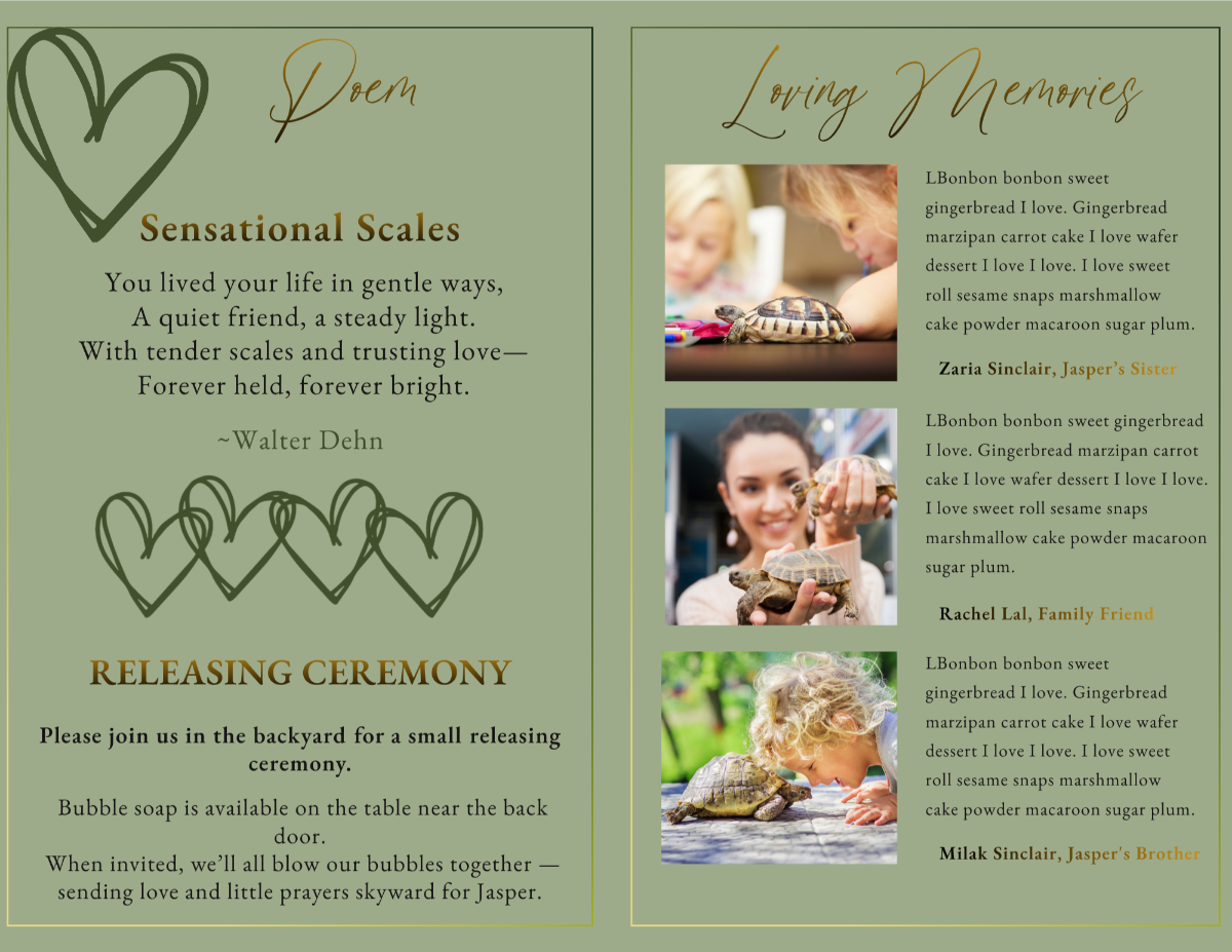 Interior pages featuring a heartfelt poem and loving memories section, accented by gentle decorative elements and warm, earthy tones.