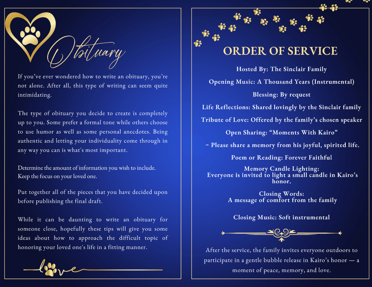 Obituary and order of service pages with elegant typography, structured layout, and navy blue and gold accents.