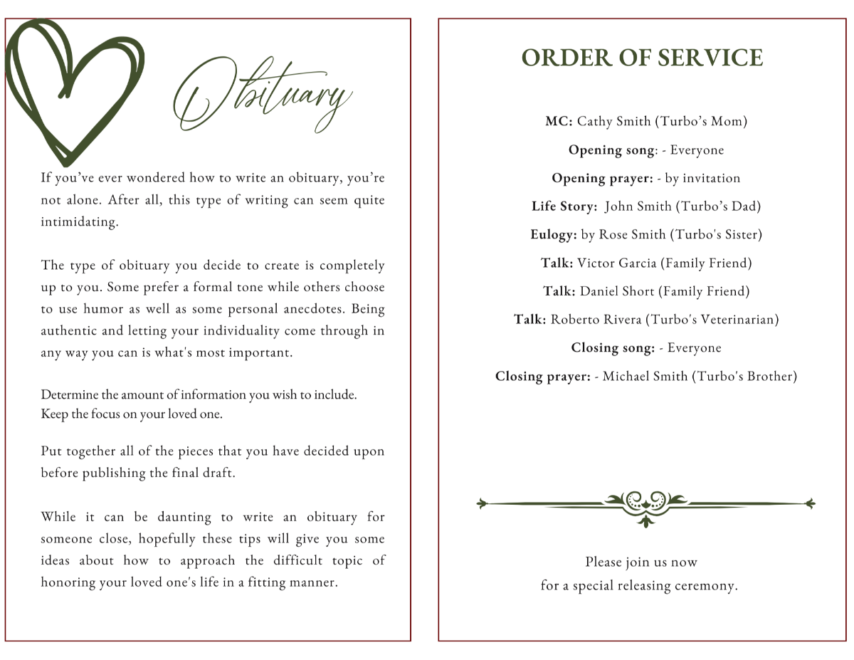 Obituary and order of service pages with natural green script and elegant layout.