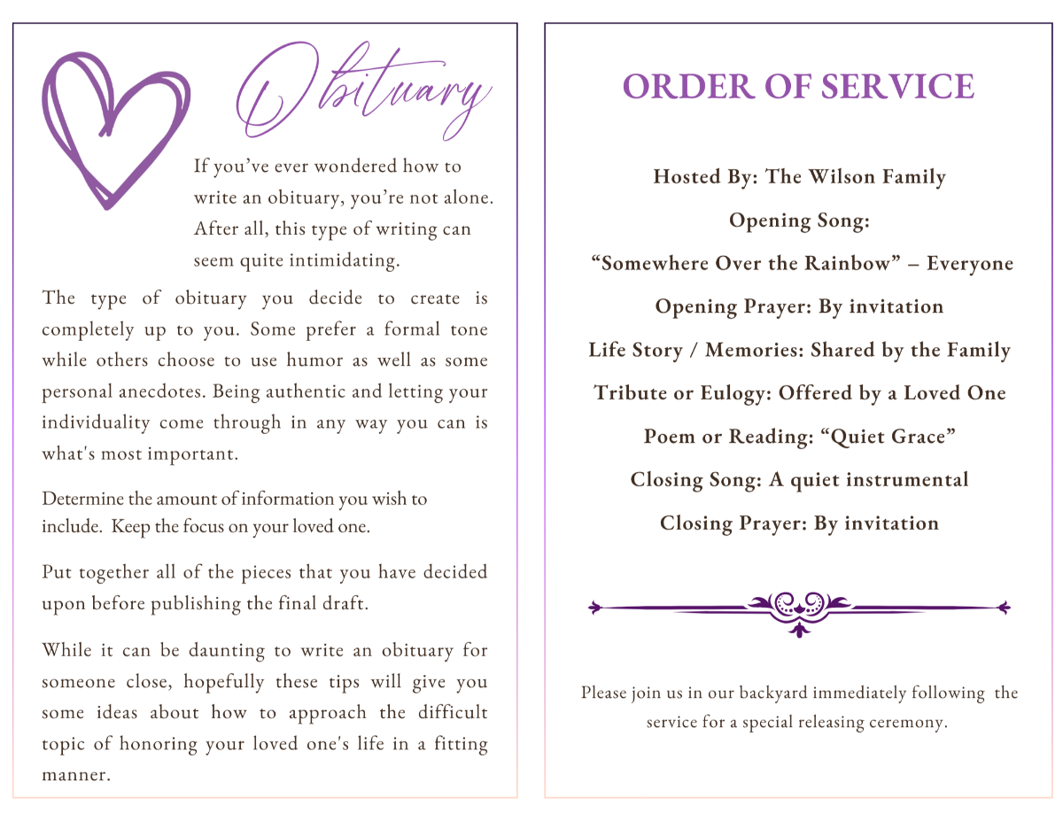 Interior pages displaying obituary text and order of service, styled with soft typography and gentle spacing for a calm, readable flow.