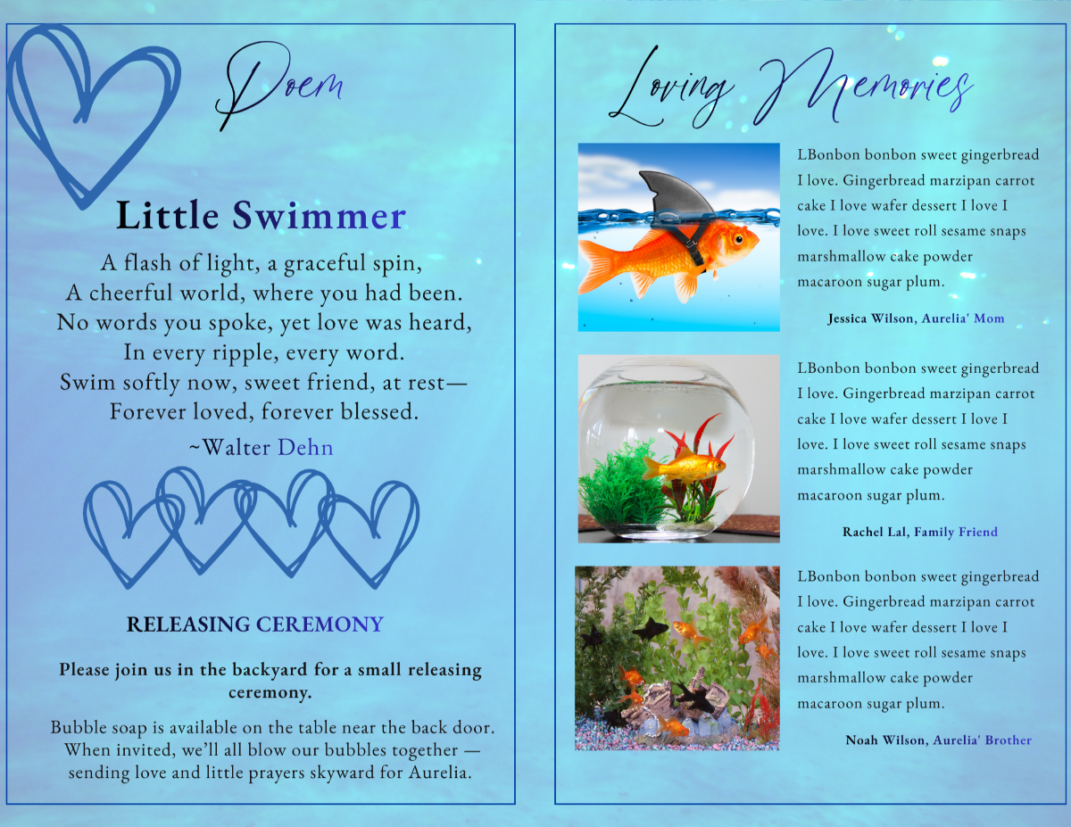 Poem page titled “Little Swimmer” with delicate typography and heart accents, set against a tranquil water-inspired background with soft gradients and light reflections.