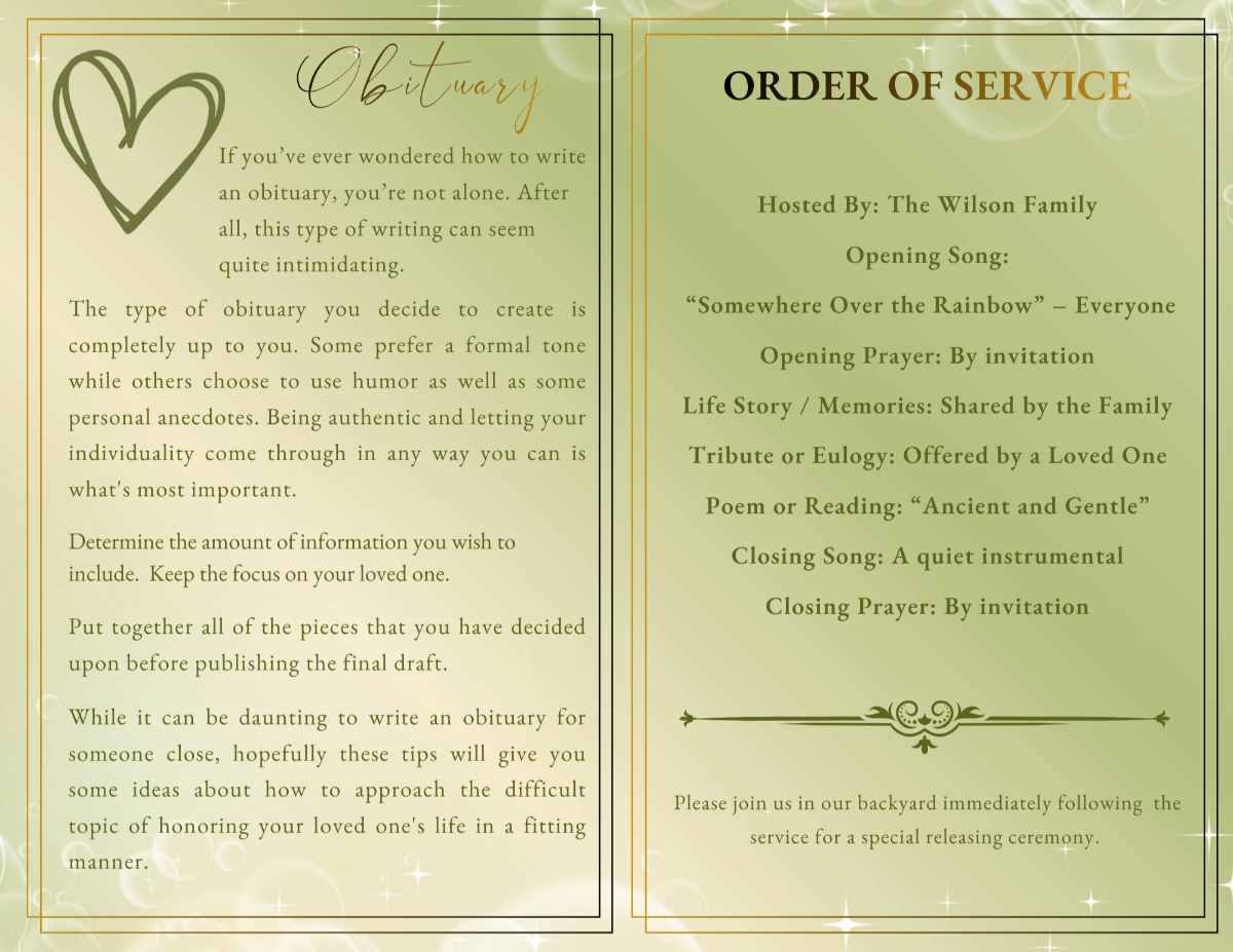 Obituary and order of service spread on a soft sage background with heart illustration, elegant headings, and structured sections for a dignified reptile memorial service.