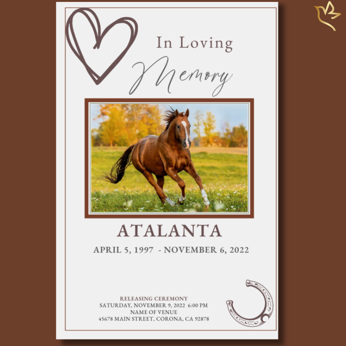 Front cover featuring Elegant Equine Horse Funeral Program Template with horseshoe accent, heart line art, and horse portrait space.