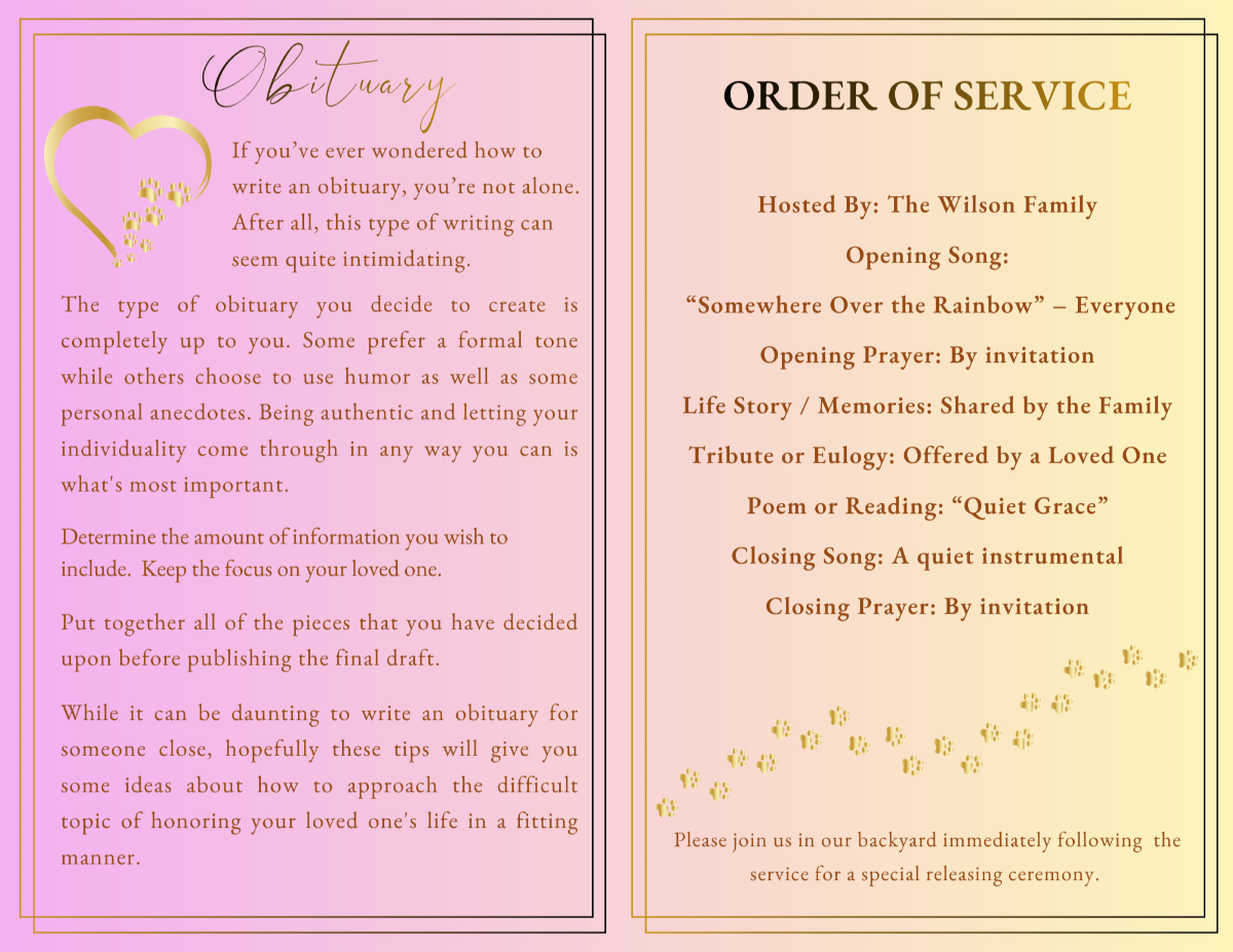 Obituary and order of service pages with elegant typography, structured layout, and soft purple and gold accents.