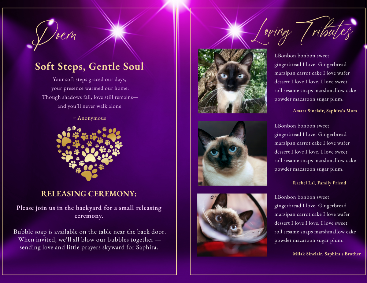 Purrrfect Purple Funeral Program — Poem page with gold heart-paw motif, deep purple lighting, and tribute section featuring three pet photos and gold headings.