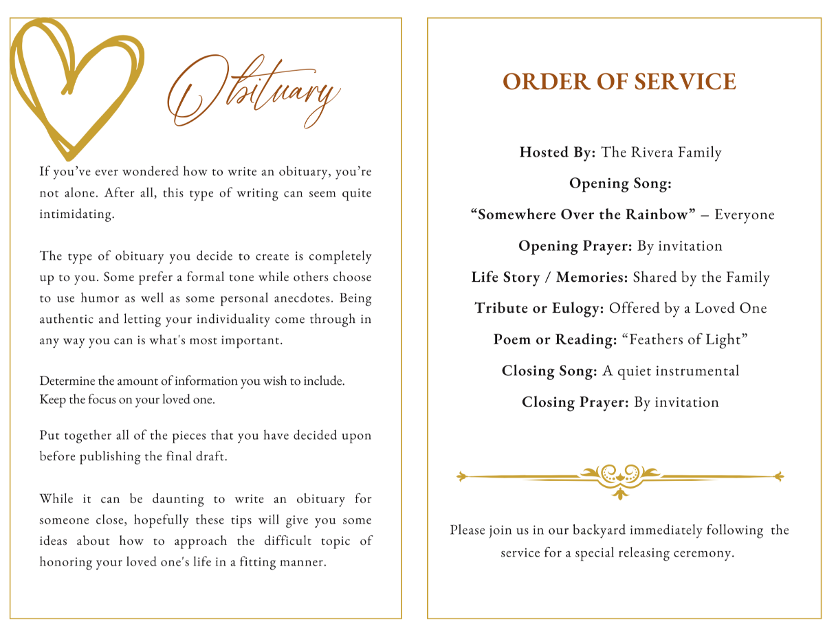 Obituary and order of service pages from the bird memorial template with soft heart graphics.