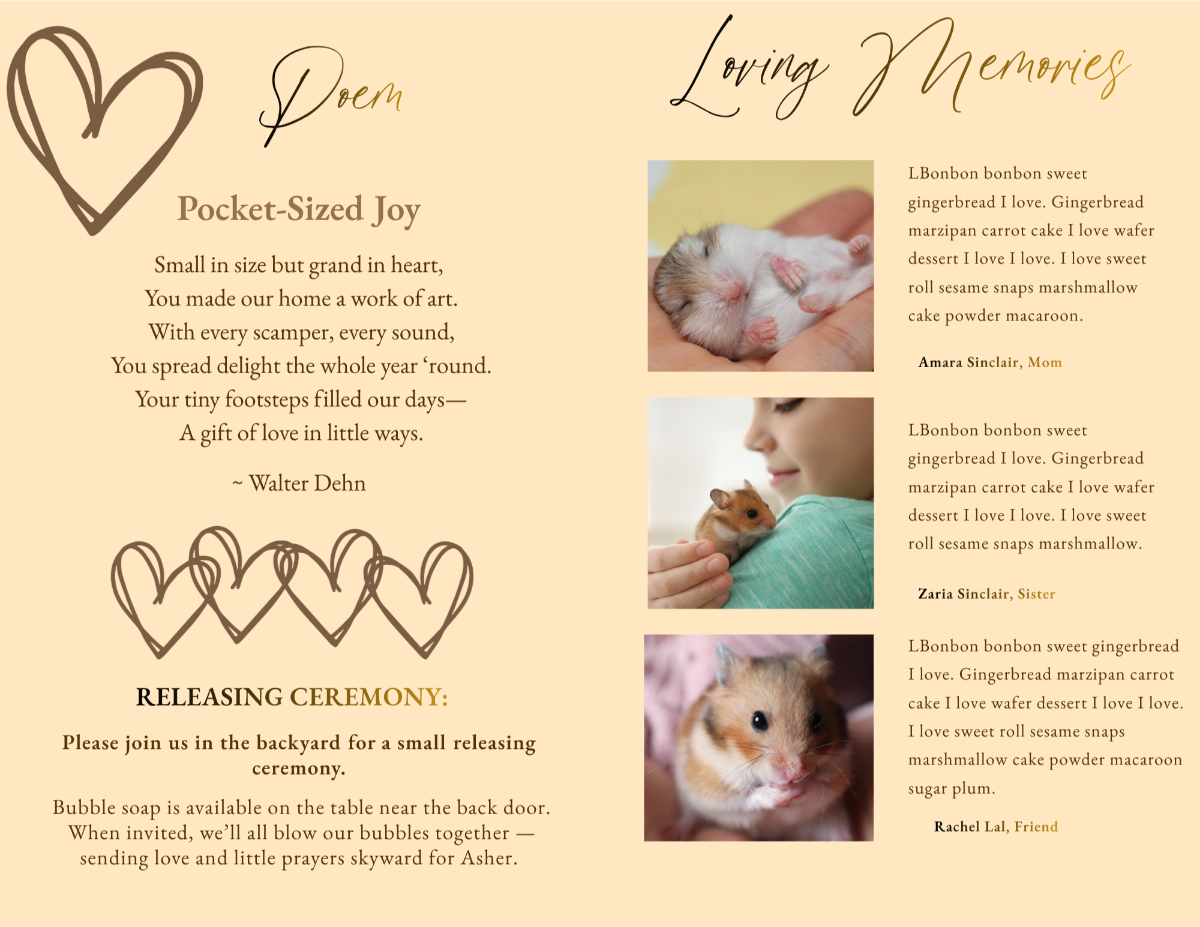 Poem page paired with loving memories section featuring small pet photos and heartfelt written tributes.
