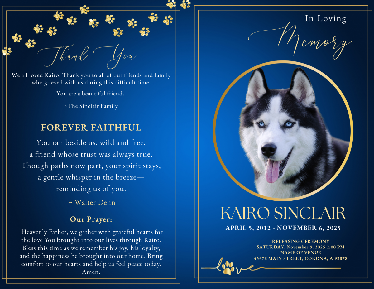 Two-page spread showing thank-you message, gold paw prints, poem titled ‘Forever Faithful,’ and matching In Loving Memory cover with Husky portrait in gold frame on deep blue background.