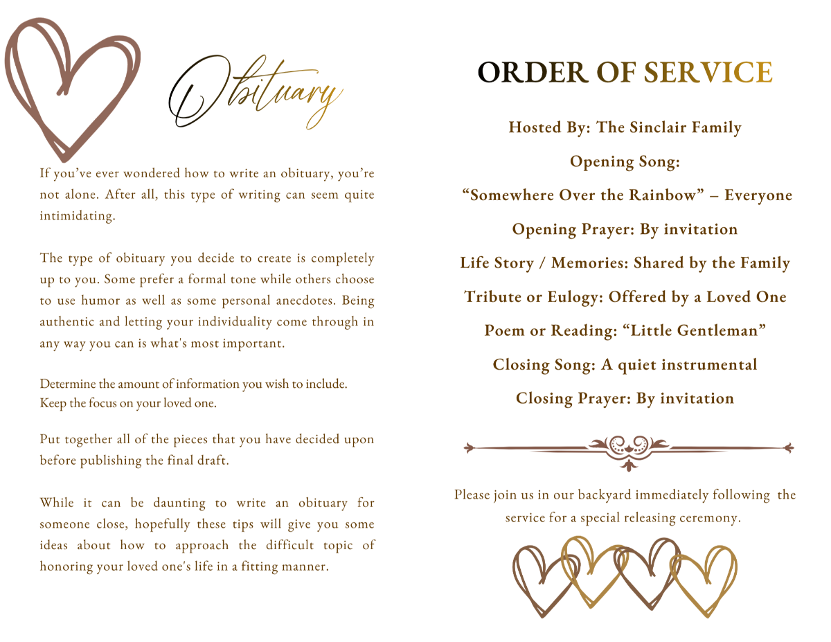Obituary and order of service pages with clear, simple layouts, soft typography, and minimal decorative elements for easy readability and a calming aesthetic.