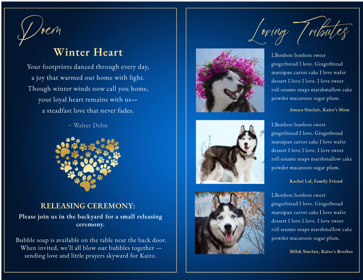 Two-page layout featuring the poem ‘Winter Heart’ with gold paw-heart graphic on the left and three photo tributes with messages from family and friends on the right.