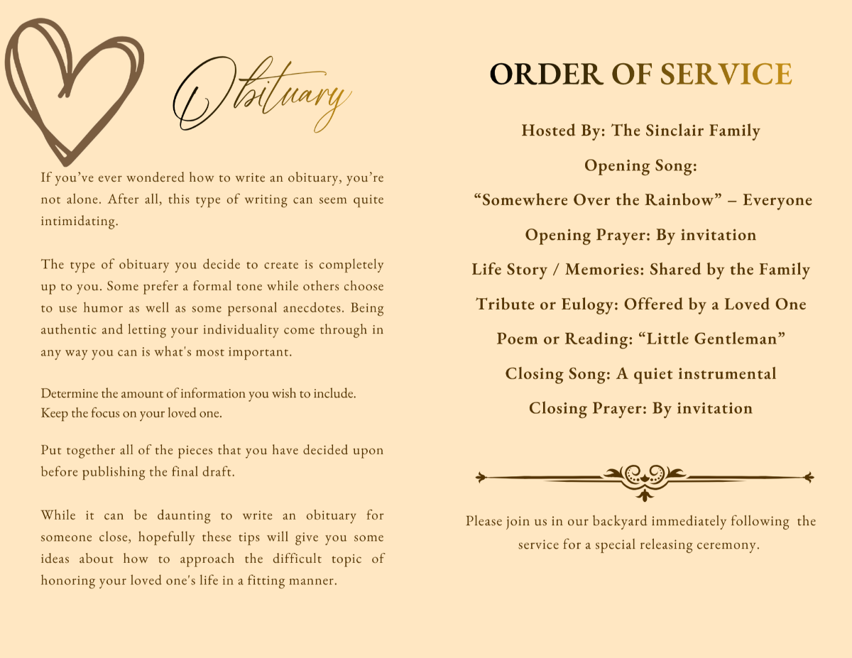 Obituary and order of service pages with soft neutral tones, elegant typography, and a clean, easy-to-read layout.