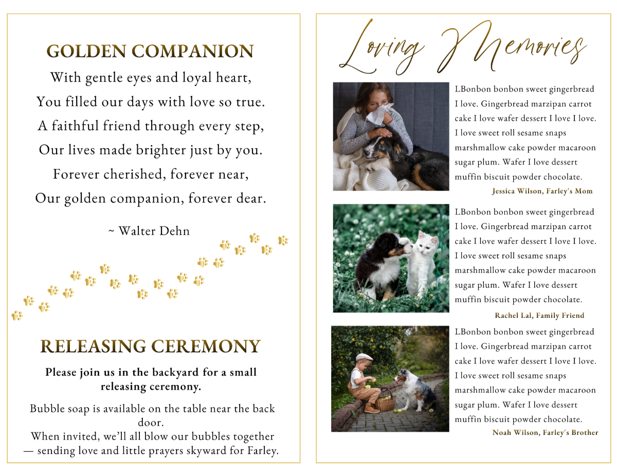 Interior pages featuring a heartfelt poem and loving memories section, with soft tones and a comforting, reflective layout.