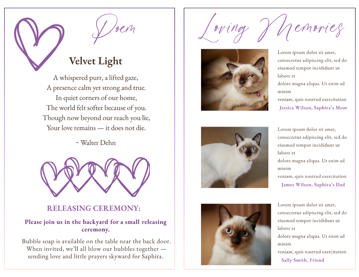 Pages featuring a heartfelt poem and a releasing ceremony section, including meaningful details like shared moments and symbolic remembrance activities.