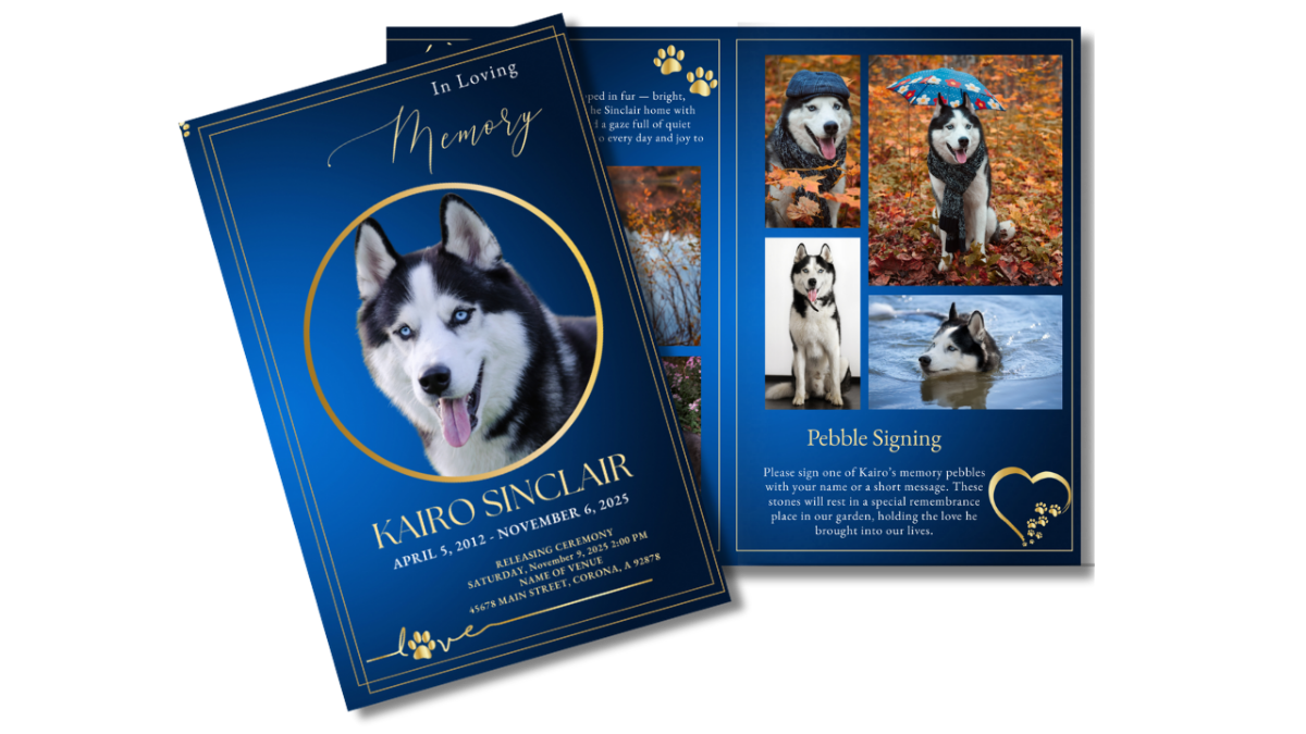 Two-page spread showing thank-you message, gold paw prints, poem titled ‘Forever Faithful,’ and matching In Loving Memory cover with Husky portrait in gold frame on deep blue background.