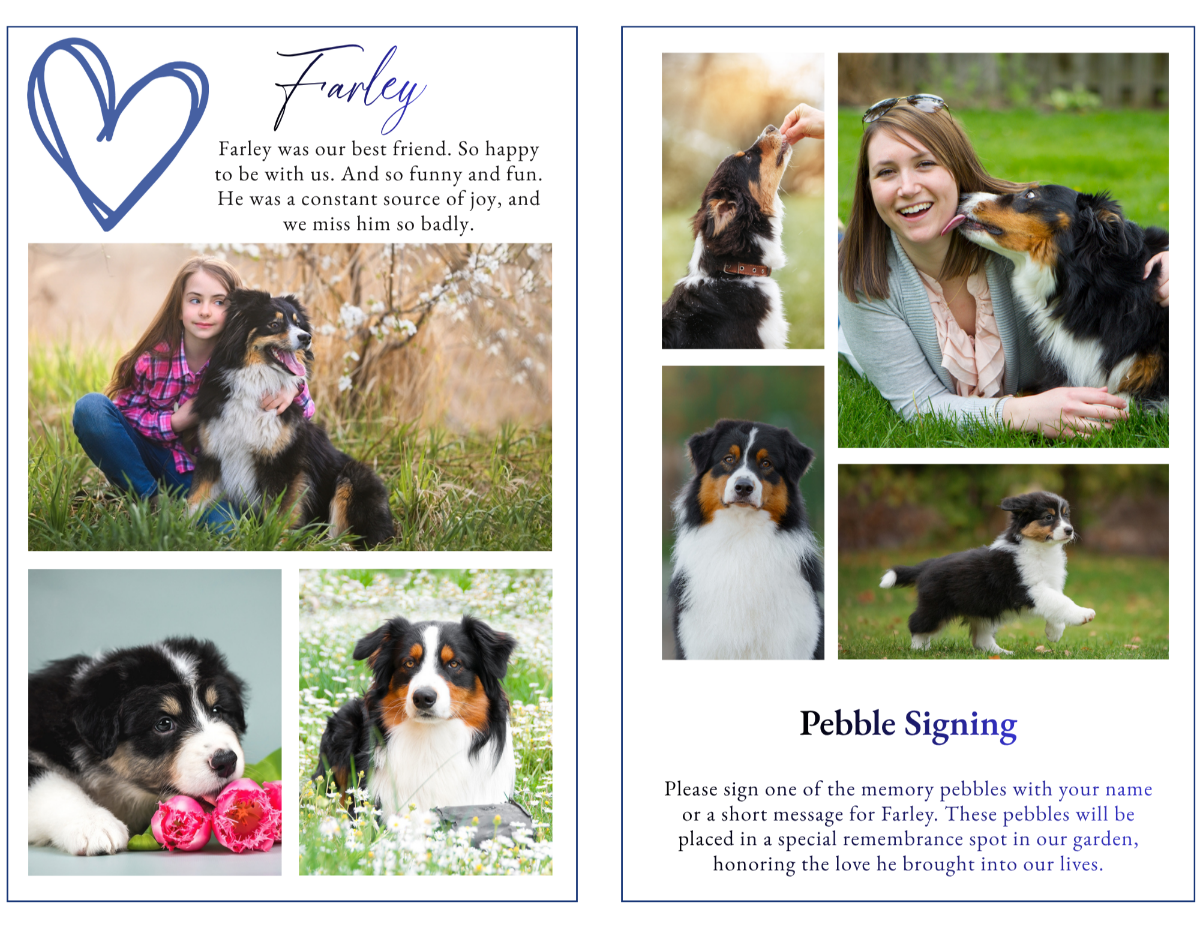 Photo collage pages featuring pebble signing section, designed with soft hearts and calming tones.