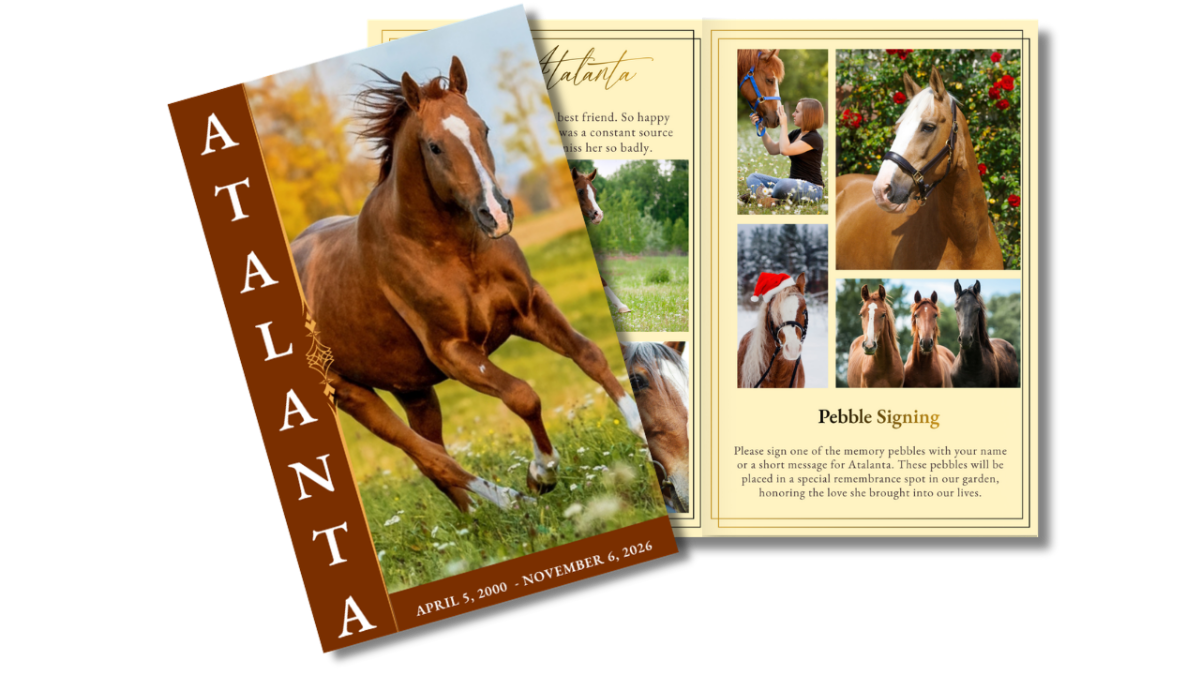 Horse memorial program front cover with open interior pages showing photo collage layouts featuring horse and owner memories.