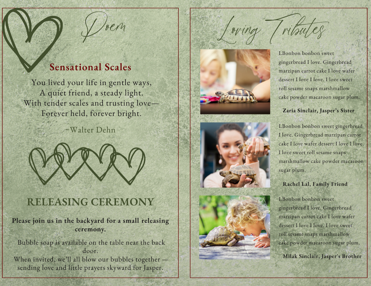Poem page featuring “Sensational Scales” with hand-drawn hearts and soft green background; tribute page with three turtle photos and loving message sections.