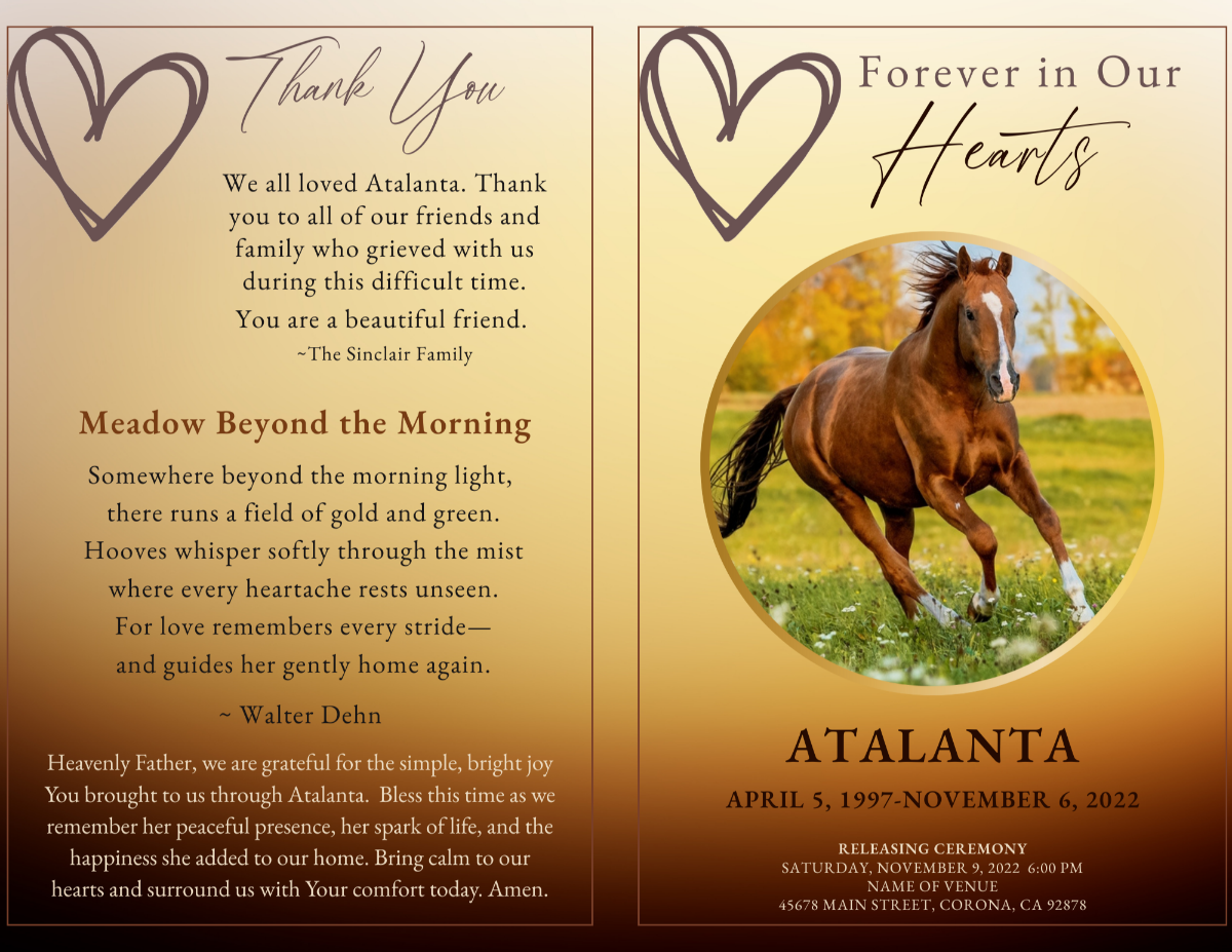 Open cover layout featuring a thank-you message, memorial poem, prayer, and a matching cover design with the running horse portrait in a circular frame on a golden gradient.