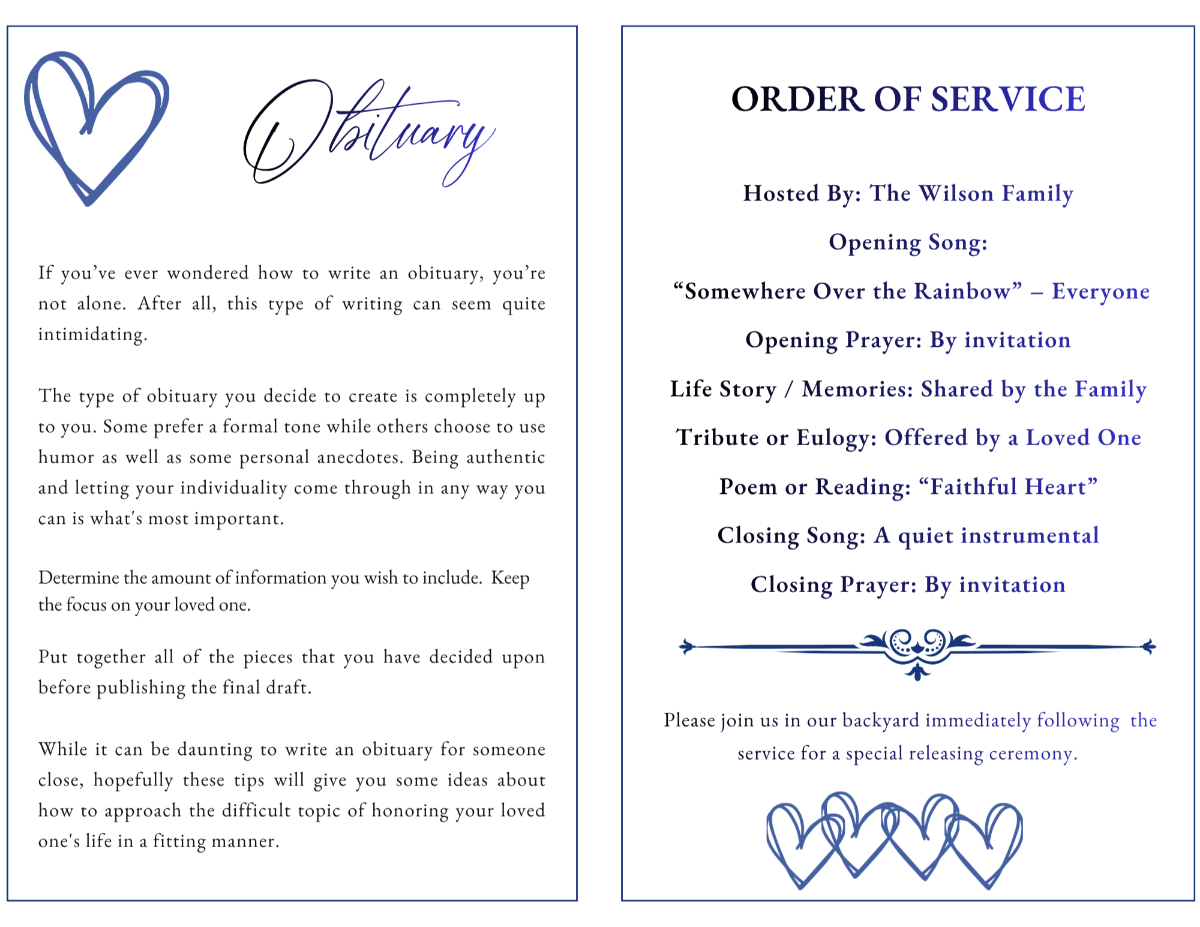 Obituary and order of service pages with simple, structured layouts, soft typography, and minimal blue accents for clarity and gentle readability.