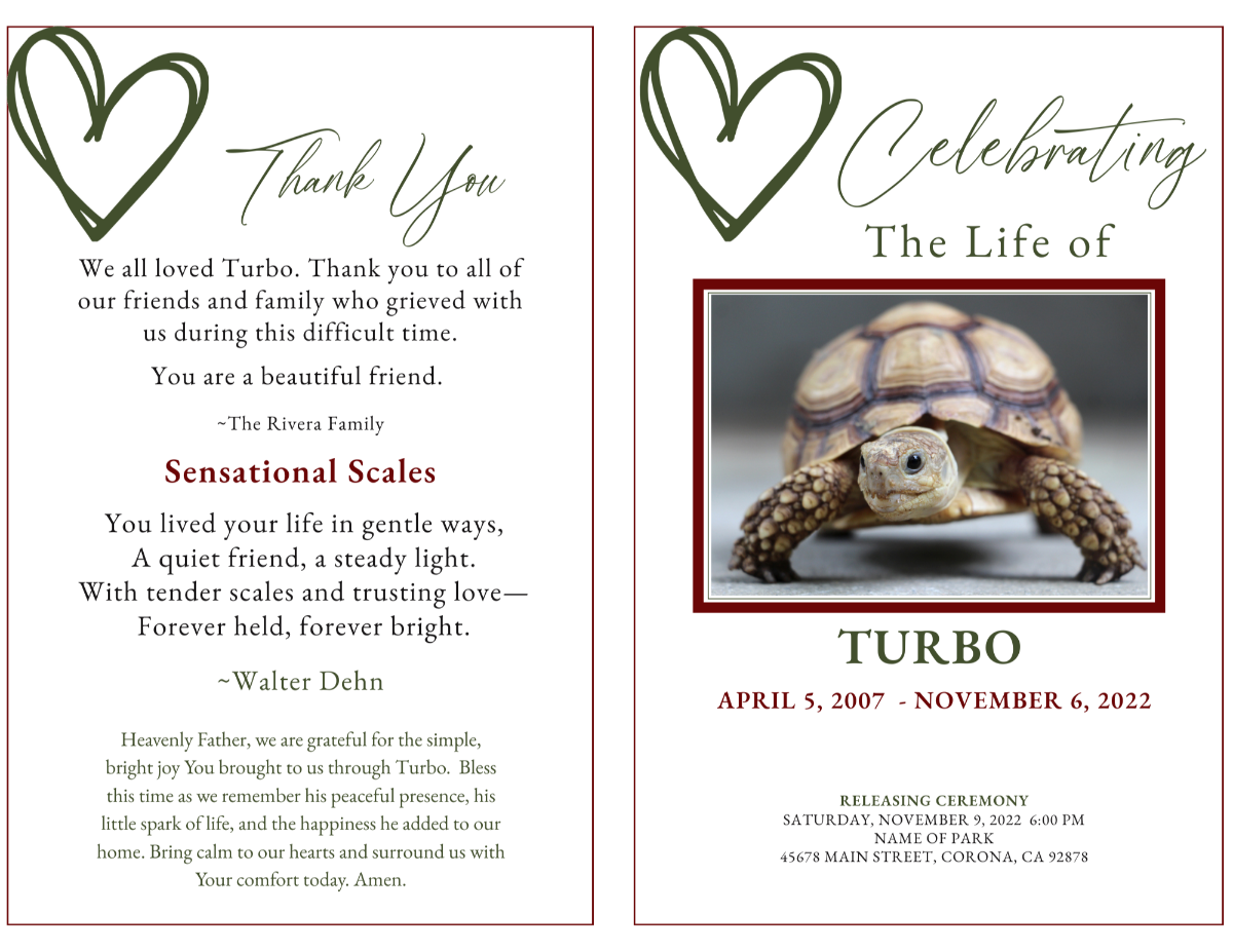 Memorial program layout showing cover and back page for reptiles and amphibians with earth-toned accents.