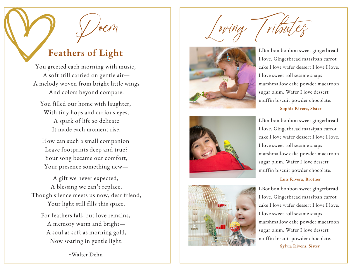 Poem and tribute pages showing gentle gold headings and parakeet photos.