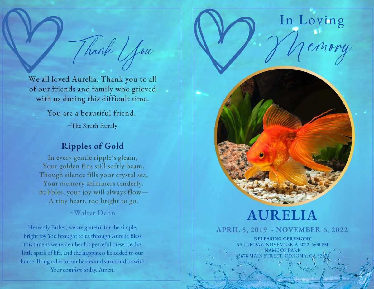 Left page features “Thank You” message, heartfelt poem titled Ripples of Gold, and a soft water-texture background. Right page shows front cover with circular goldfish portrait, blue heart motif, and memorial details.