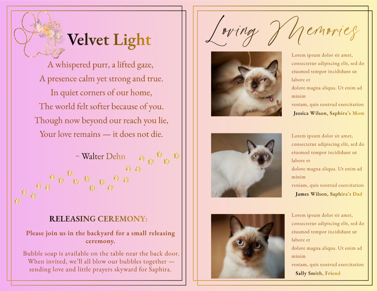 Loving memories page with cat photos and tributes paired with a poem page featuring soft, elegant typography.