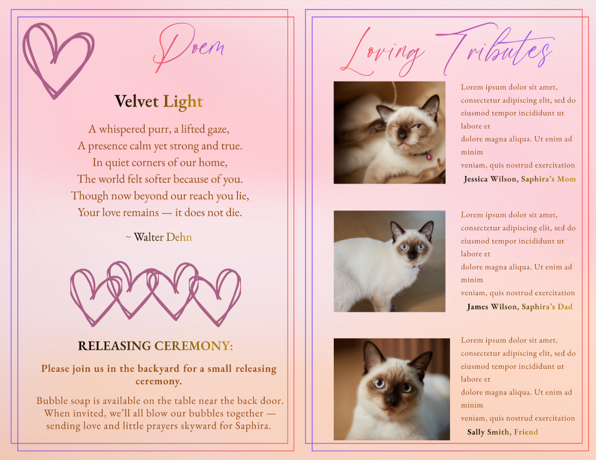 Loving tributes layout with cat portraits placed alongside written memories from family members on a warm blush and peach background.