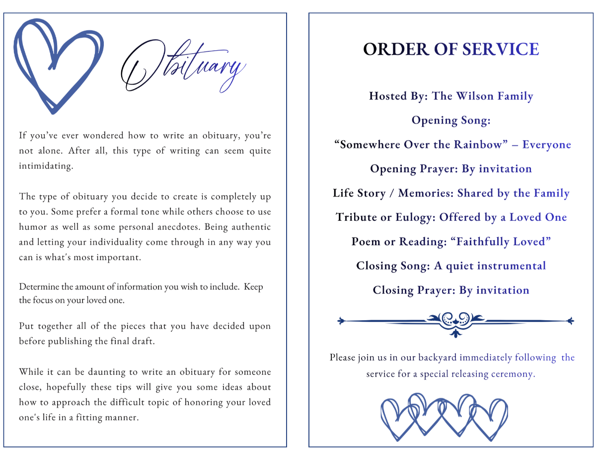 Two-page spread with obituary text and order of service, styled with clean typography and gentle blue accents.