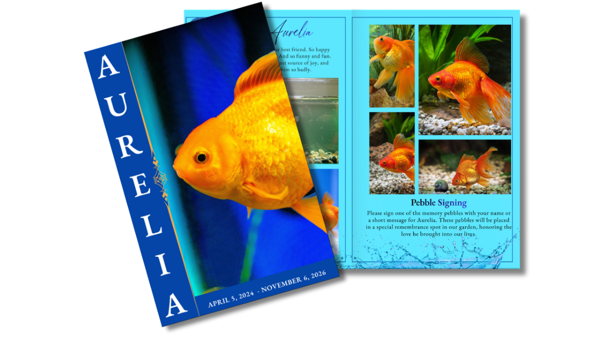 Front cover featuring a bright goldfish against a deep blue background alongside an open layout with aquatic-themed photo collage and memory sections.