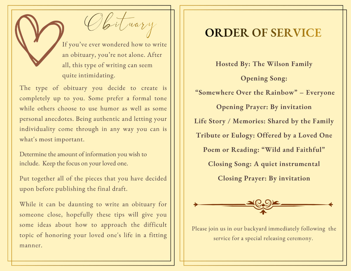 Obituary and order of service pages with warm neutral tones, structured layout, and elegant typography.