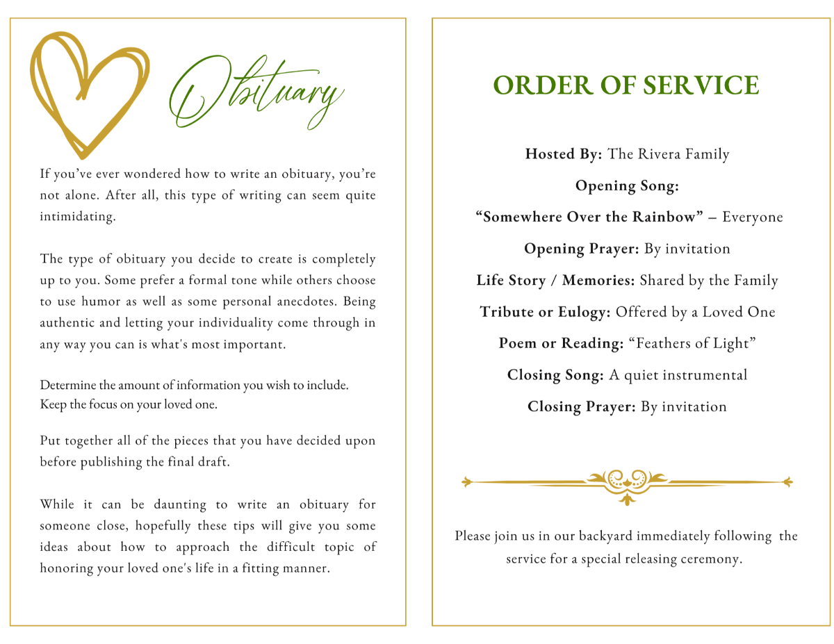 Obituary and order of service pages with simple, structured layouts, soft typography, and light decorative accents for a calm and readable design.