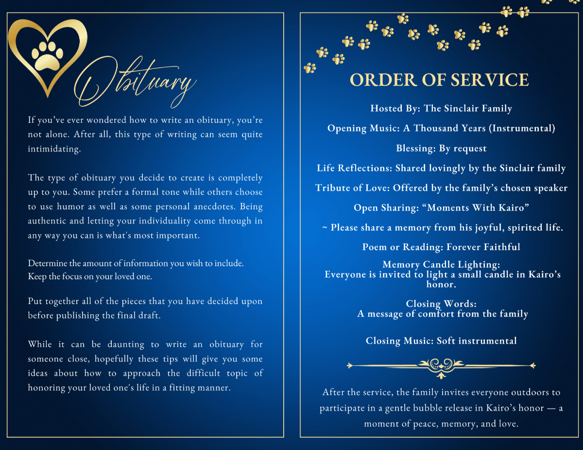 Inside spread with gold paw-heart obituary header on the left and detailed order of service on the right, both set against cerulean blue with refined gold borders.