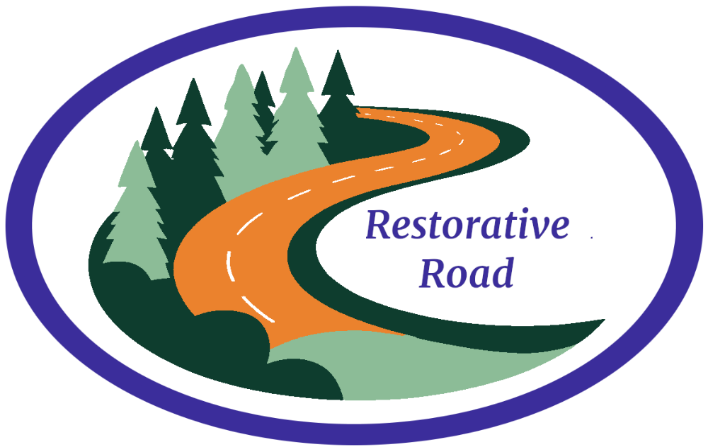Purple oval surrounding a curving orange road, green/brown trees/highlights, and purple text reading Restorative Road