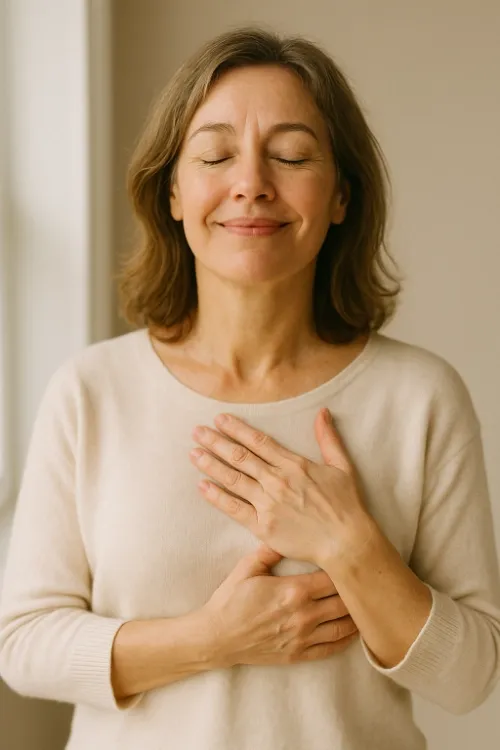 A middle aged woman with closed eyes and a gentle smile resting her hands over her heart, looking peaceful and satisfied.