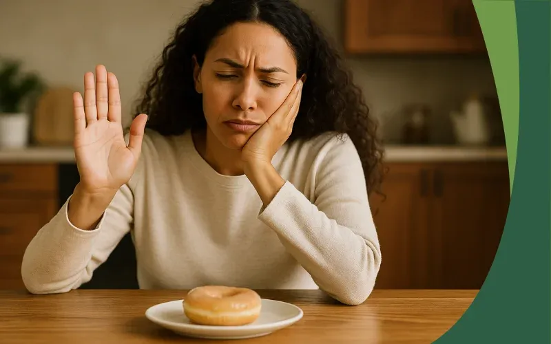 A woman sitting at a kitchen table with a donut in front of her, raising her hand as she tries to resist a craving.