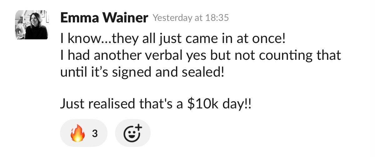 Emma Wainer's Slack message about a £10k day