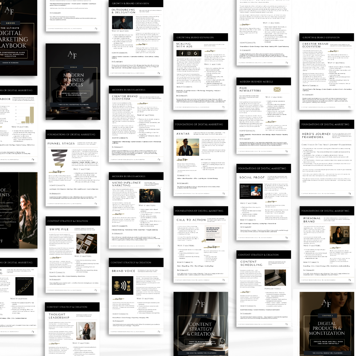Inside page previews of the Digital Marketing Playbook featuring sections on scaling, social proof, brand voice, and storytelling—visual breakdown of marketing strategies.