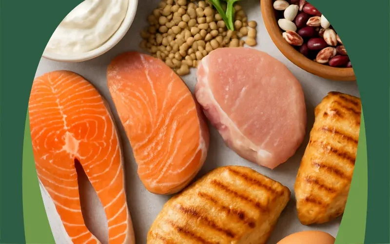 A variety of clean protein sources arranged on a neutral surface, including salmon, chicken, pork, beans, lentils, yogurt, and eggs, showing simple protein options for women over 50.