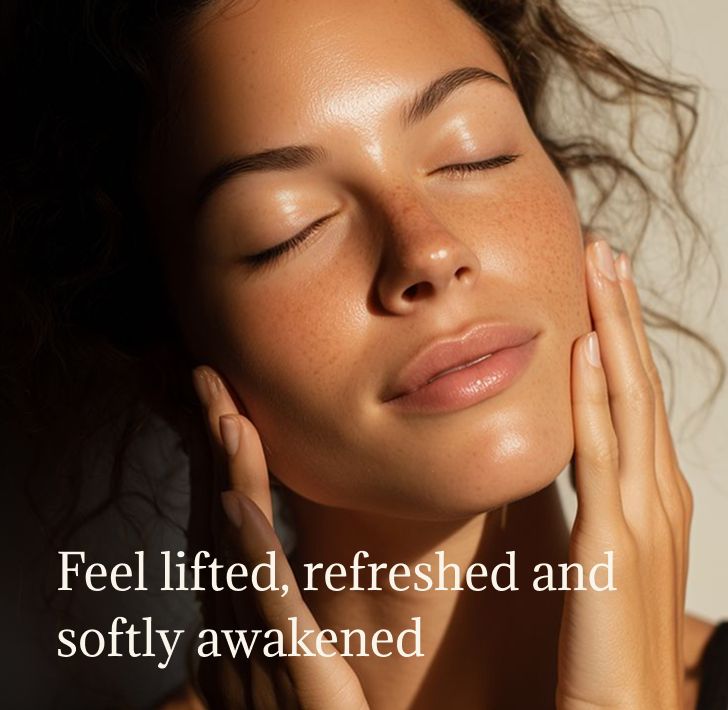 A woman with rested, lifted skin and an alert, gentle gaze.