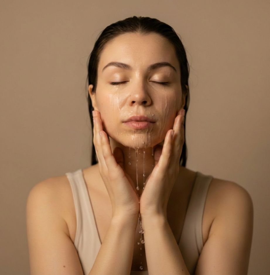 A woman performs a morning facial massage to reduce puffiness and refresh the skin.