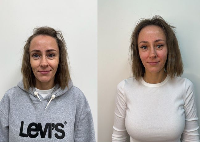 Comparison before and after the ritual: on the left, the face looks tired and tense, on the right — more relaxed, awakened, and soft.