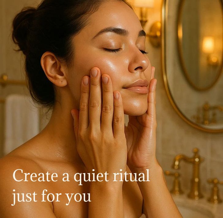 A woman enjoys a peaceful morning skincare ritual at home