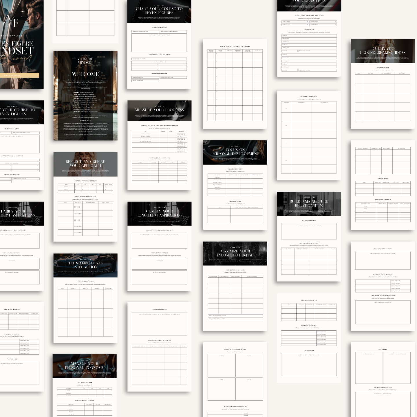 Inside page previews of the Digital Marketing Playbook featuring sections on scaling, social proof, brand voice, and storytelling—visual breakdown of marketing strategies.