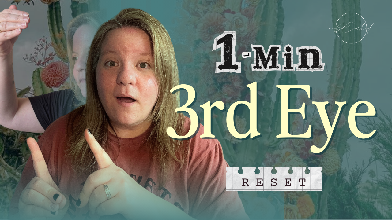 Photo of Melinda in a pink shirt pointing upwards with the works one minute third eye reset all on a green background