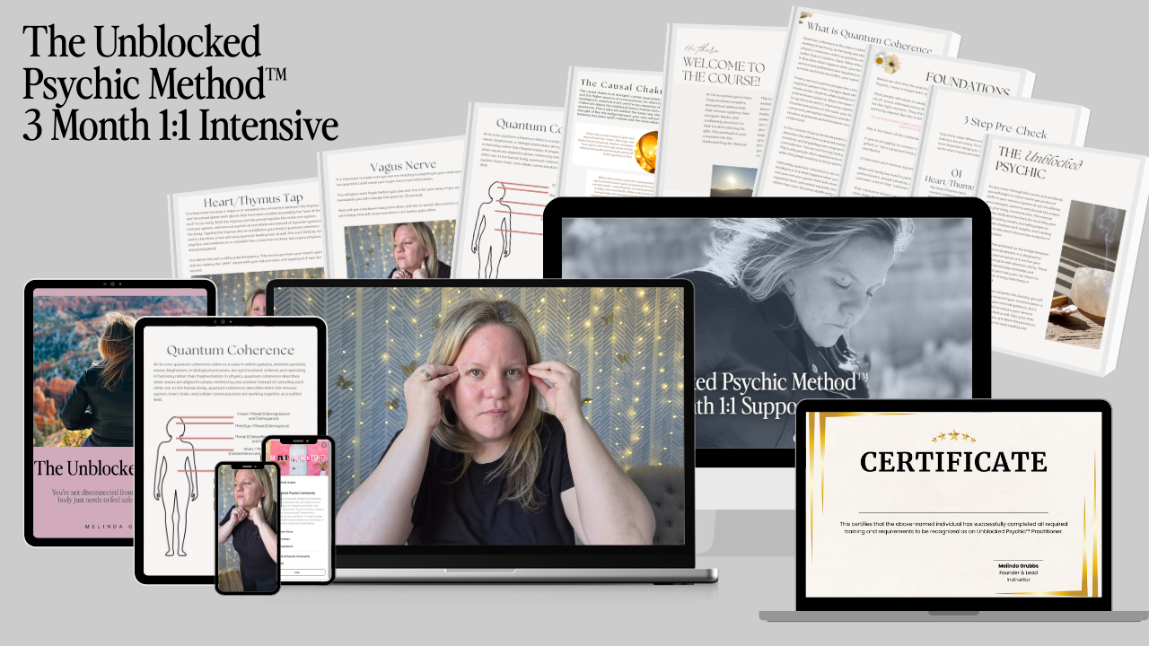 The Unblocked Psychic Method 3 Month 1 to 1 image with photo of certificate, handouts, and computer images of course content