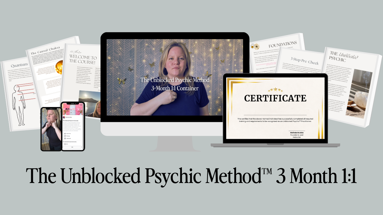 The Unblocked Psychic Method 3 Month 1 to 1 image with photo of certificate, handouts, and computer images of course content