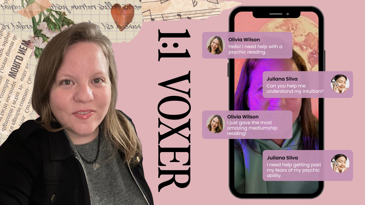 Image of Melinda in a black jacket and gray sweater with 1 to 1 voxer on the image and a cell phone with a conversation