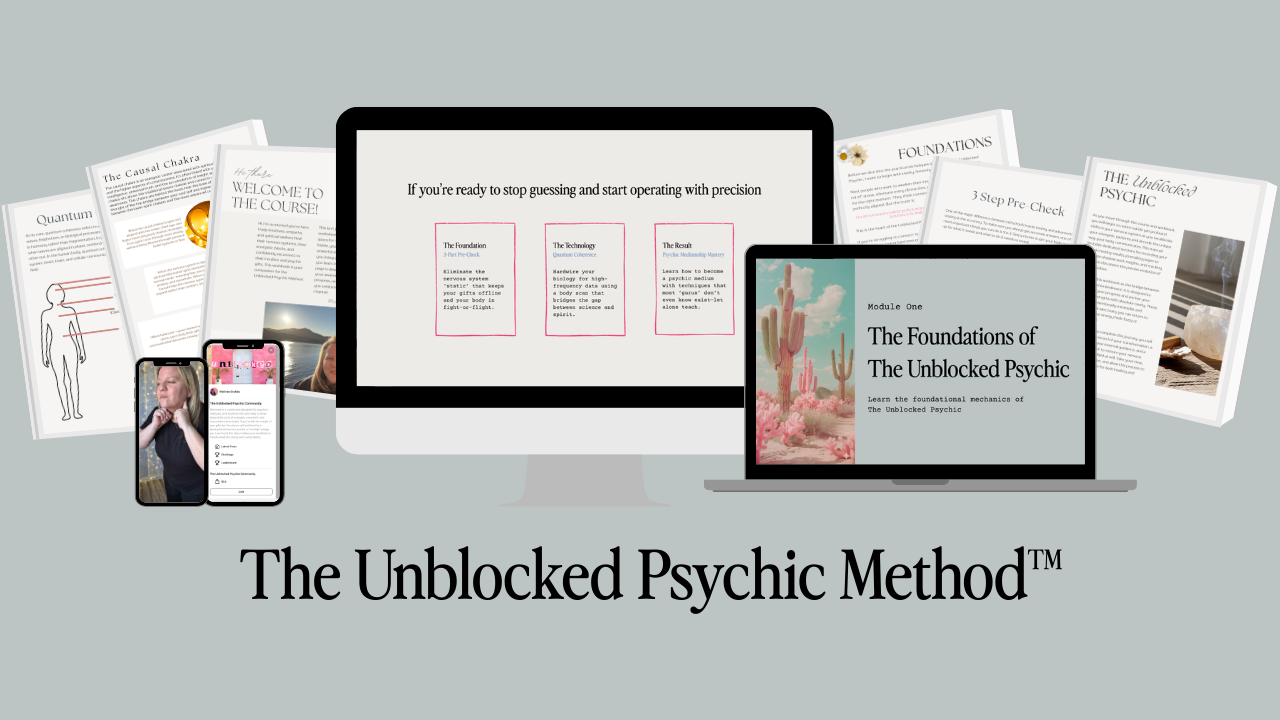 The Unblocked Psychic Method photo of handout materials, and computers with course content on them