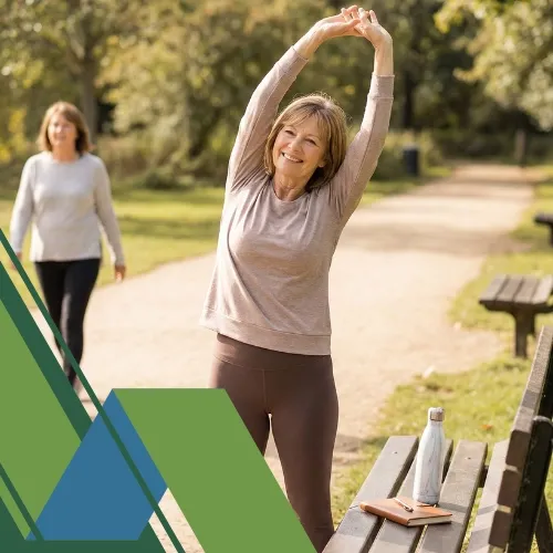 A smiling woman in her late 50s stretches her arms overhead in a sunlit park, next to a bench with a water bottle and journal, while another woman walks on a path in the background.